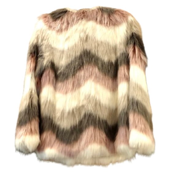 DONNA SALYERS FABULOUS FURS~Tibby Collarless~ FAUX FUR COAT~CHEVRON MULTI SZ SM - Picture 2 of 5